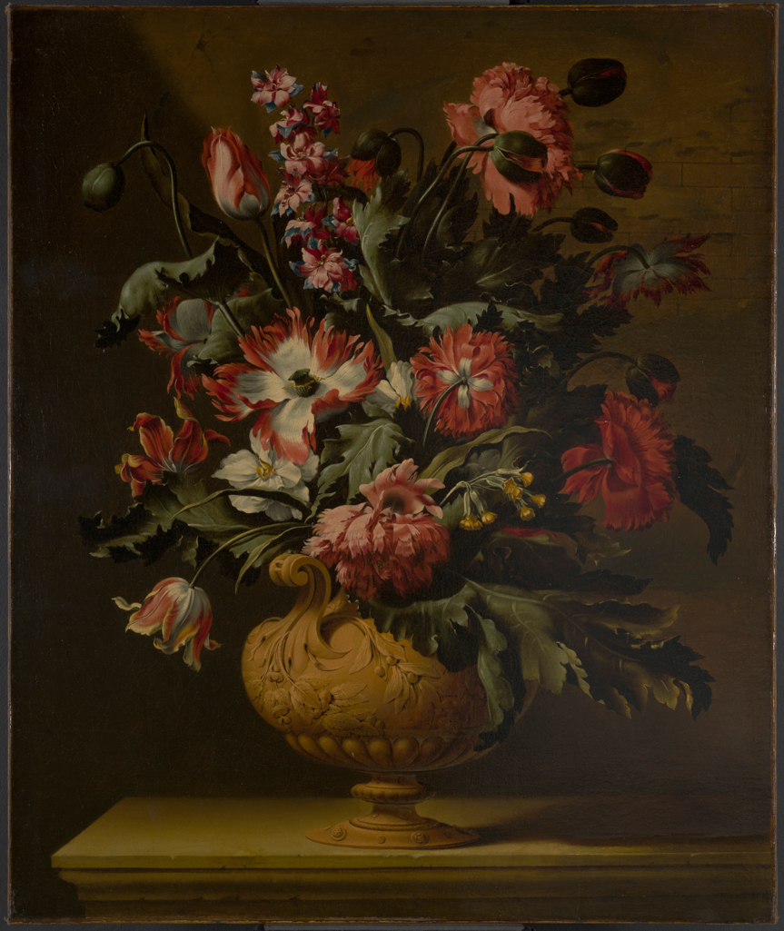 An image of A vase of flowers. Verelst, Simon Pietersz (Dutch, 1644-1710/21). Oil on canvas, height 84.5 cm, width 70.6 cm.