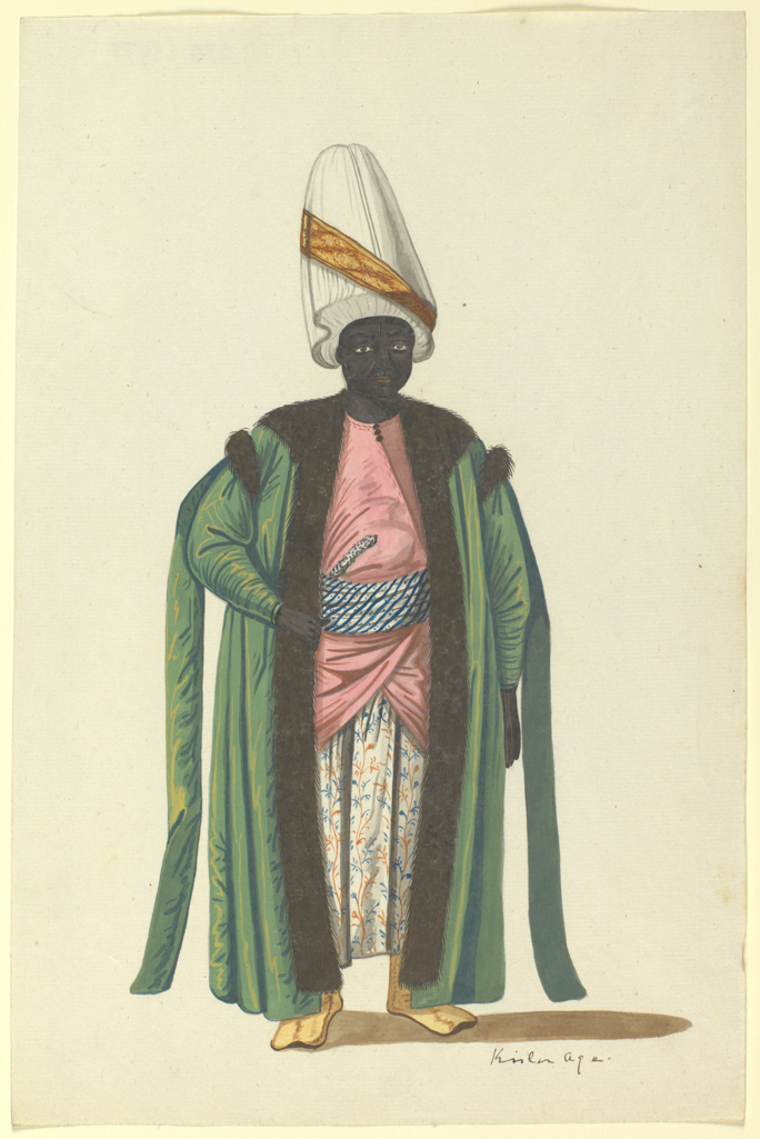 An image of Male Negro in full-length green (shot gold) robe, fur trimmed, over coloured 'skirt' and pink shirt with blue and white cummerbund, a gold trimmed conical 'hat' Kizlar Aga: Chief Black Eunuch. Unknown draughtsman, British. Watercolour and bodycolour with some gold on chain paper, height 309 mm, width 204 mm, after 1803. Production  Note: re-attrib. to Turkey?
