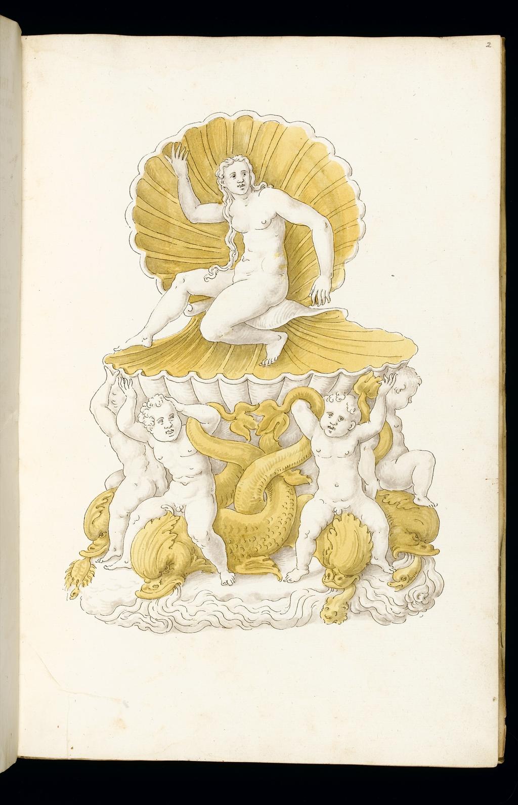 An image of Title/s: Designs for SilverwareMaker/s: Giulio Romano (Giulio Pippi) after (draughtsman) [ULAN info: 1499 ?-1546; Artist, Painter, Mantova, Roma]Description: Sketchbook is bound in vellum and has 101 leaves.Technique Description: pen and brown ink, yellow and grey wash on paper Dimensions: height: (leave size): 397 mm, width: (leave size): 267 mm