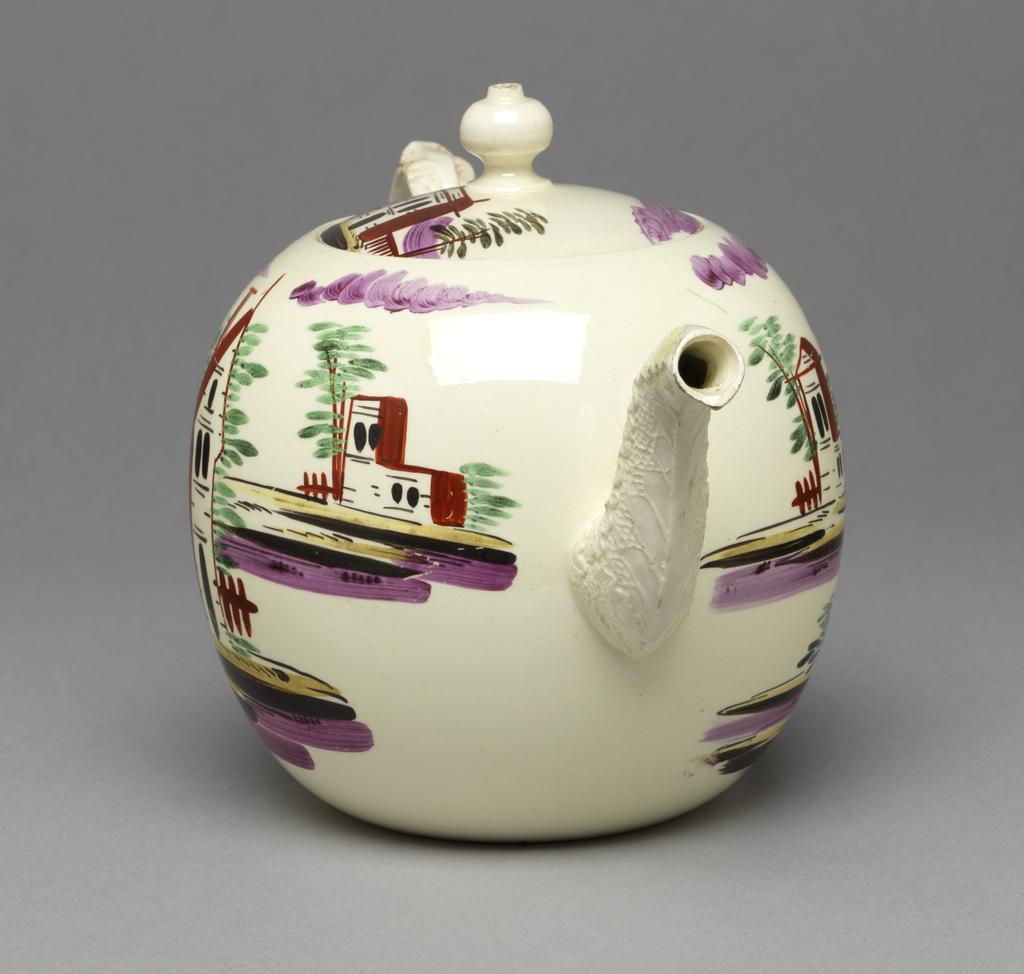 An image of Teaware. Teapot and cover. Wedgwood, Josiah (British, 1730-1795). Production: England, Staffordshire, Burslem. The pot has a globular body with moulded overlapping leaf spout and reeded and leaf-moulded handle. The circular, slightly domed cover has a pierced globular knob. One side of the pot is decorated with a gentleman leaning on a post in a landscape with a building on the left; on the other side with two buildings in a landscape; and on the cover with one building between trees. Cream-coloured earthenware, lead-glazed, painted in green, yellow, pale purple, reddish-brown, and black enamels. Height, whole, 13.6 cm, length, whole, 19.6 cm, circa 1770-1775. Rococo.  Production Note: Probably enamelled in London. The decoration is in the style associated with David Rhodes. Acquisition Credit: Given by Sir Ivor and Lady Batchelor.