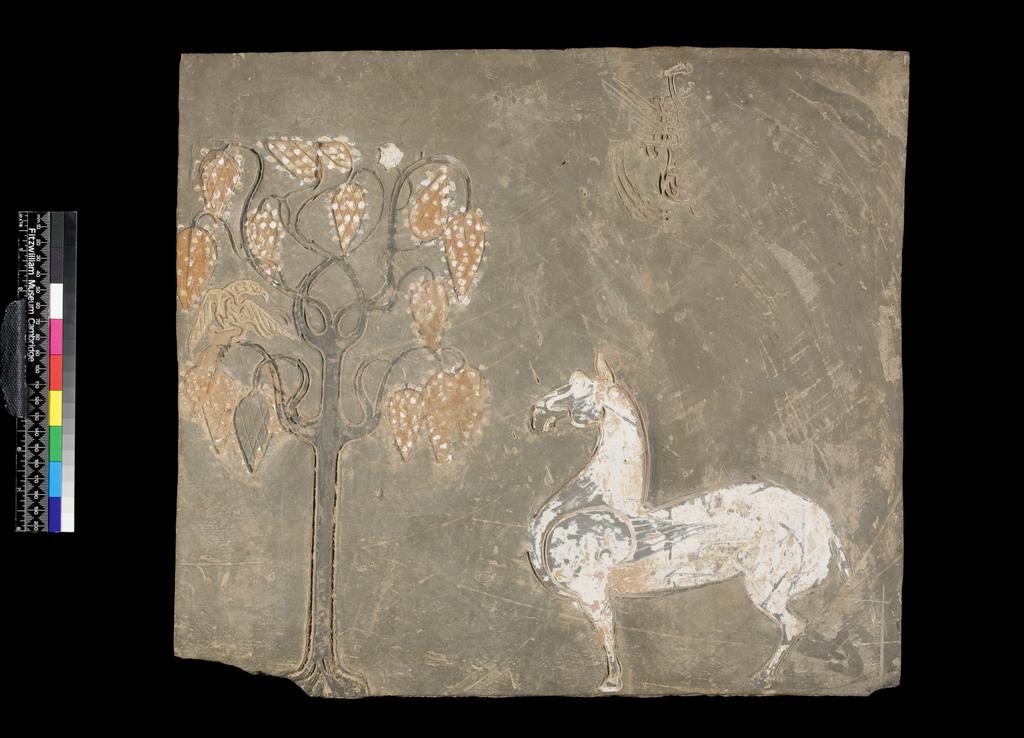 An image of TileTile from a tomb chamber. Earthenware with remains of red and white pigmentation over incised decoration of a winged horse standing by a tree with a bird perching in its branches.ChinaHan Dynasty (BC 206 - AD 220)
