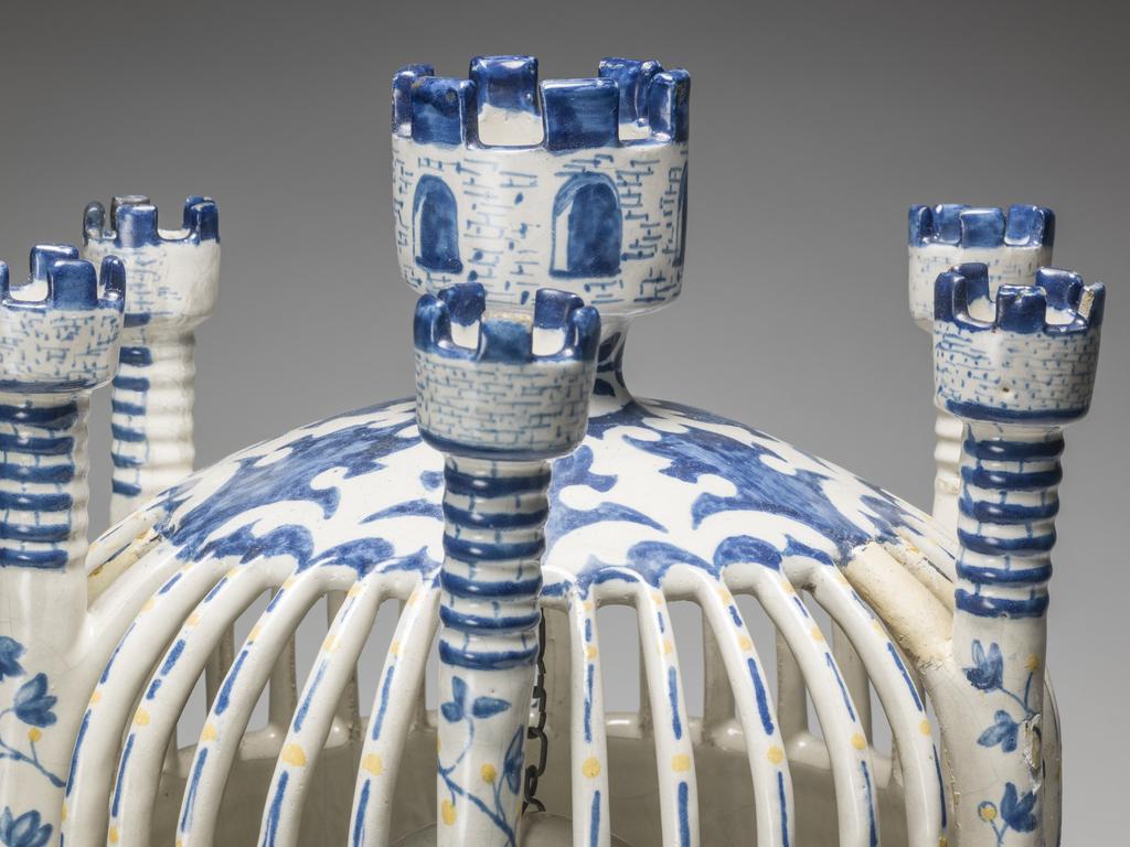 An image of Delftware. Bird Cage. Production Place: Holland, Delft, United Provinces of the Netherlands. Tin-glazed earthenware, circa 1700-1720.