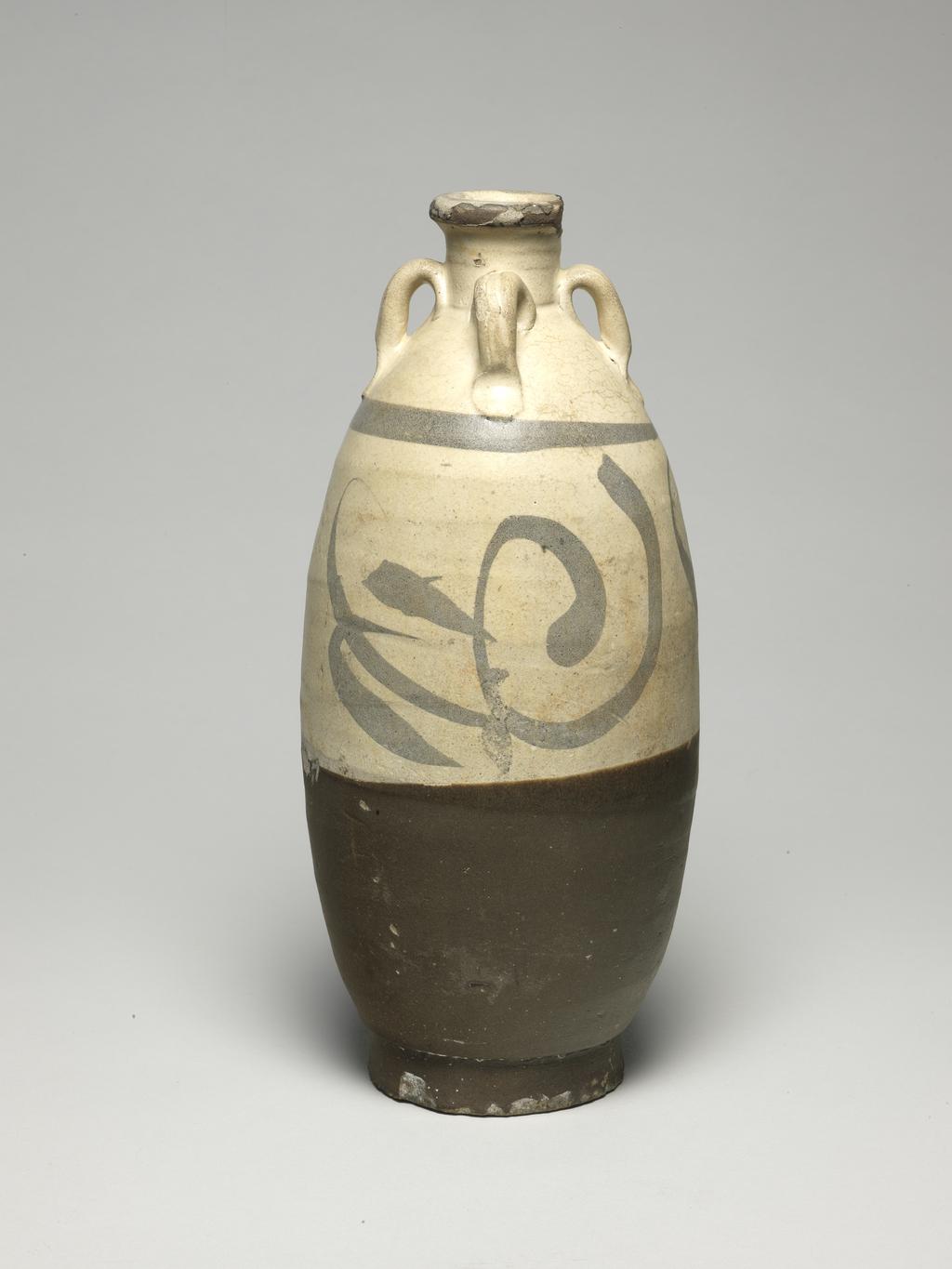 An image of Vase. Cizhou ware/Tzu chou. Unknown production, China. Stoneware vase, with four loop handles. The top part is white over brown scroll decoration, while the lower part is matt brown. Stoneware, height, 30.5, cm, width, 13.3, cm. Song Dynasty (960-1279). Acquisition Credit: Given by Oscar C. Raphael.