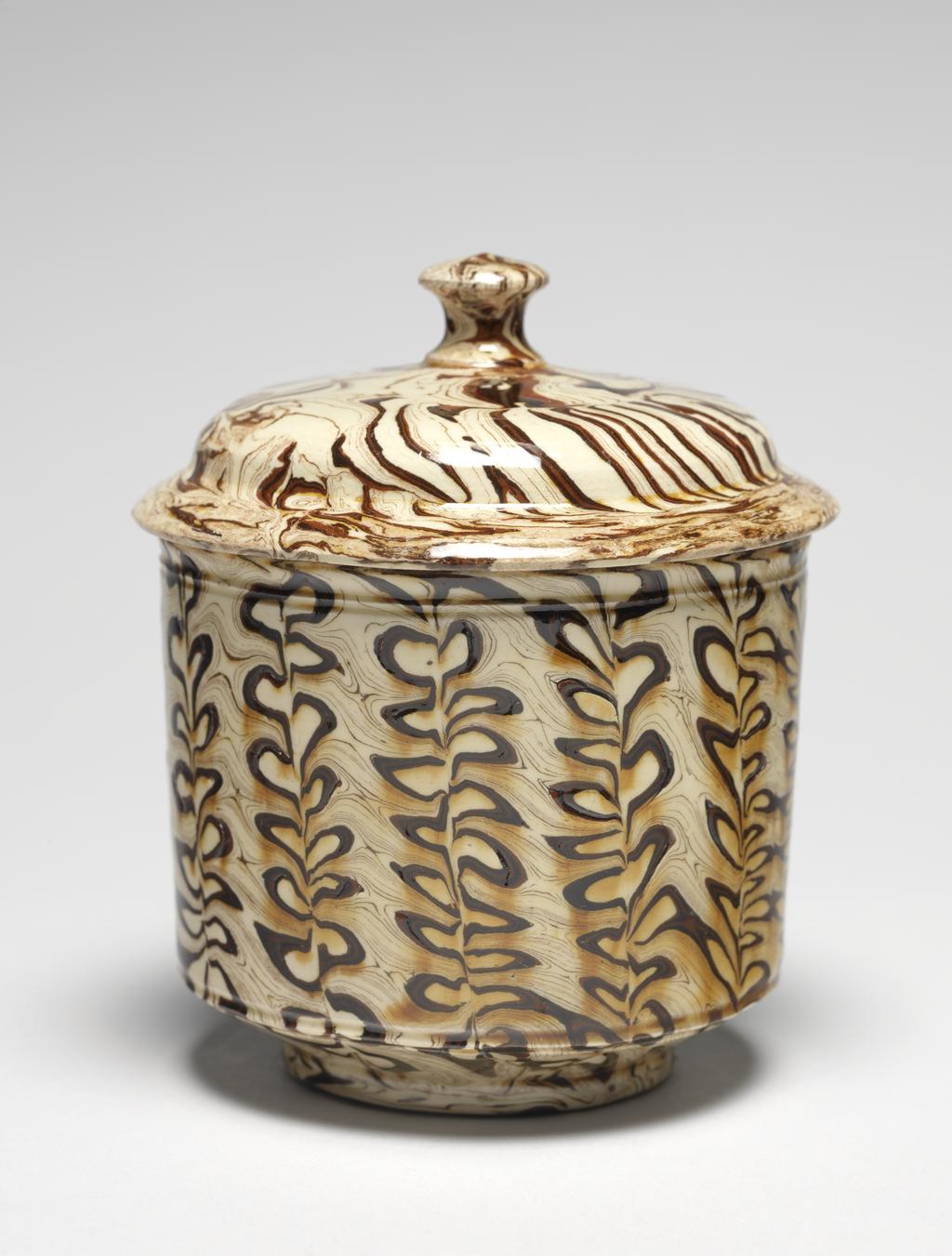 An image of Sugar Bowl. Unknown Staffordshire factory. Lead-glazed earthenware, marbled. English.