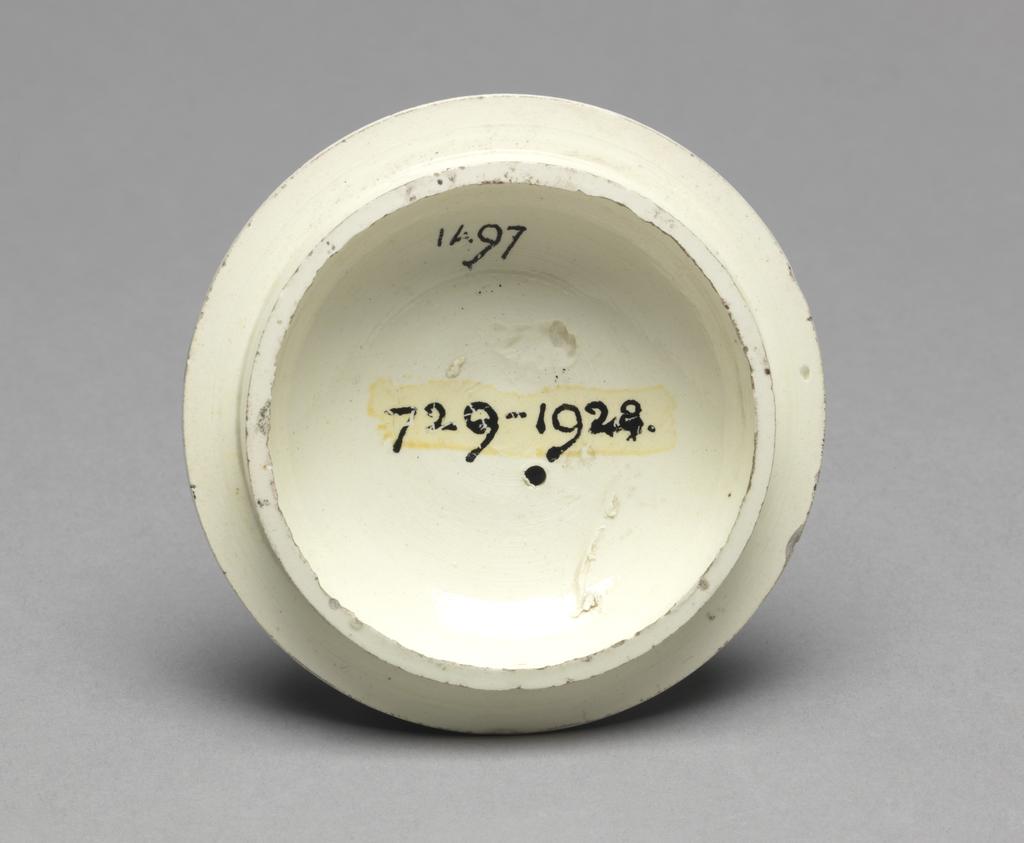 An image of Teaware. Teapot and cover. Wedgwood, Josiah (English, 1730-1795), Staffordshire. Green, Guy, printer (British, act.1756-1799). Globular with leaf-wrapped spout, double entwined handle with rounded foliate terminals and close-fitting circular cover surmounted by a flower finial. Decorated on one side with The Tea Party, on the other with The Shepherd, and on the cover with two floral sprays. Lead-glaze, transfer-printing onglaze. Pale cream-coloured earthenware (Queen's ware) printed onglaze in black. Height, whole, 14.4 cm, length, whole, 21.7 cm, circa 1780. Rococo