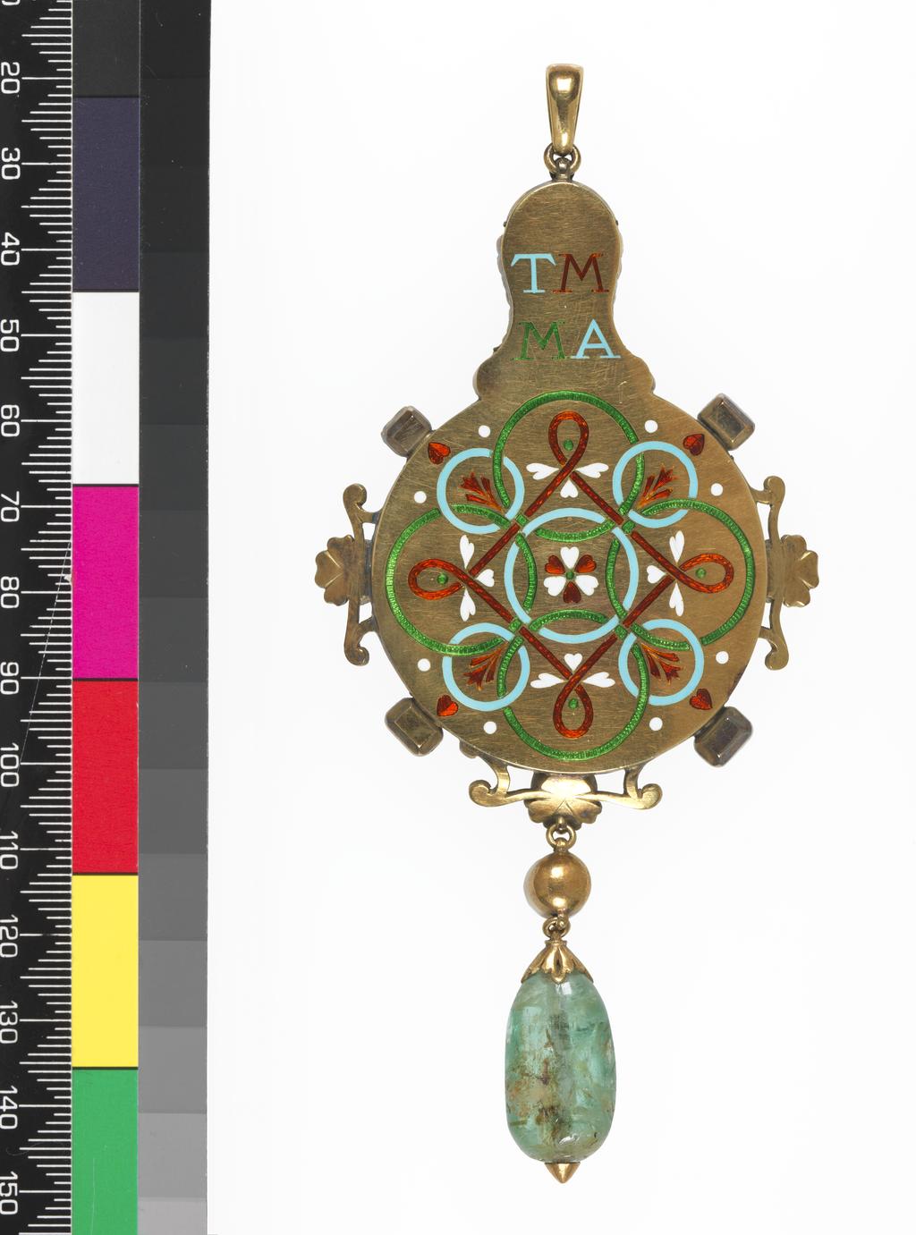 An image of Jewellery. Pendant. The Descent of Psyche into Hell. Ricketts, Charles de Sousy (British, 1866-1931), Carlo & Arthur Giuliano, Wartski. Gold, enamelled in opaque turquoise-blue, translucent green and red, and opaque white, set with sapphires, emeralds, chrysolites, a pink topaz, a clear gemstone, and a garnet, with a pearl and an uncut ? emerald drop. Height (whole) 12.8 cm, width (whole): 5.9 cm cm, length (case) 17 cm, width (case) 10 cm, 1904. English.