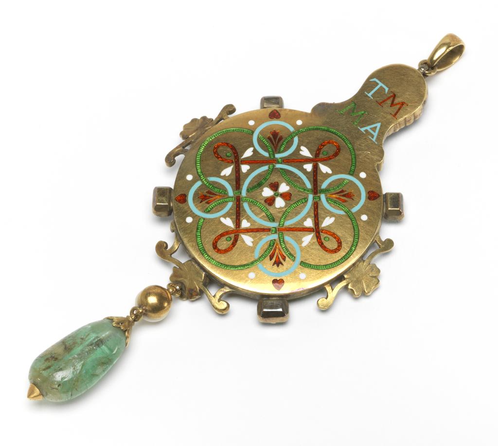 An image of Jewellery. Pendant. The Descent of Psyche into Hell. Ricketts, Charles de Sousy (British, 1866-1931), Carlo & Arthur Giuliano, Wartski. Gold, enamelled in opaque turquoise-blue, translucent green and red, and opaque white, set with sapphires, emeralds, chrysolites, a pink topaz, a clear gemstone, and a garnet, with a pearl and an uncut ? emerald drop. Height (whole) 12.8 cm, width (whole): 5.9 cm cm, length (case) 17 cm, width (case) 10 cm, 1904. English.
