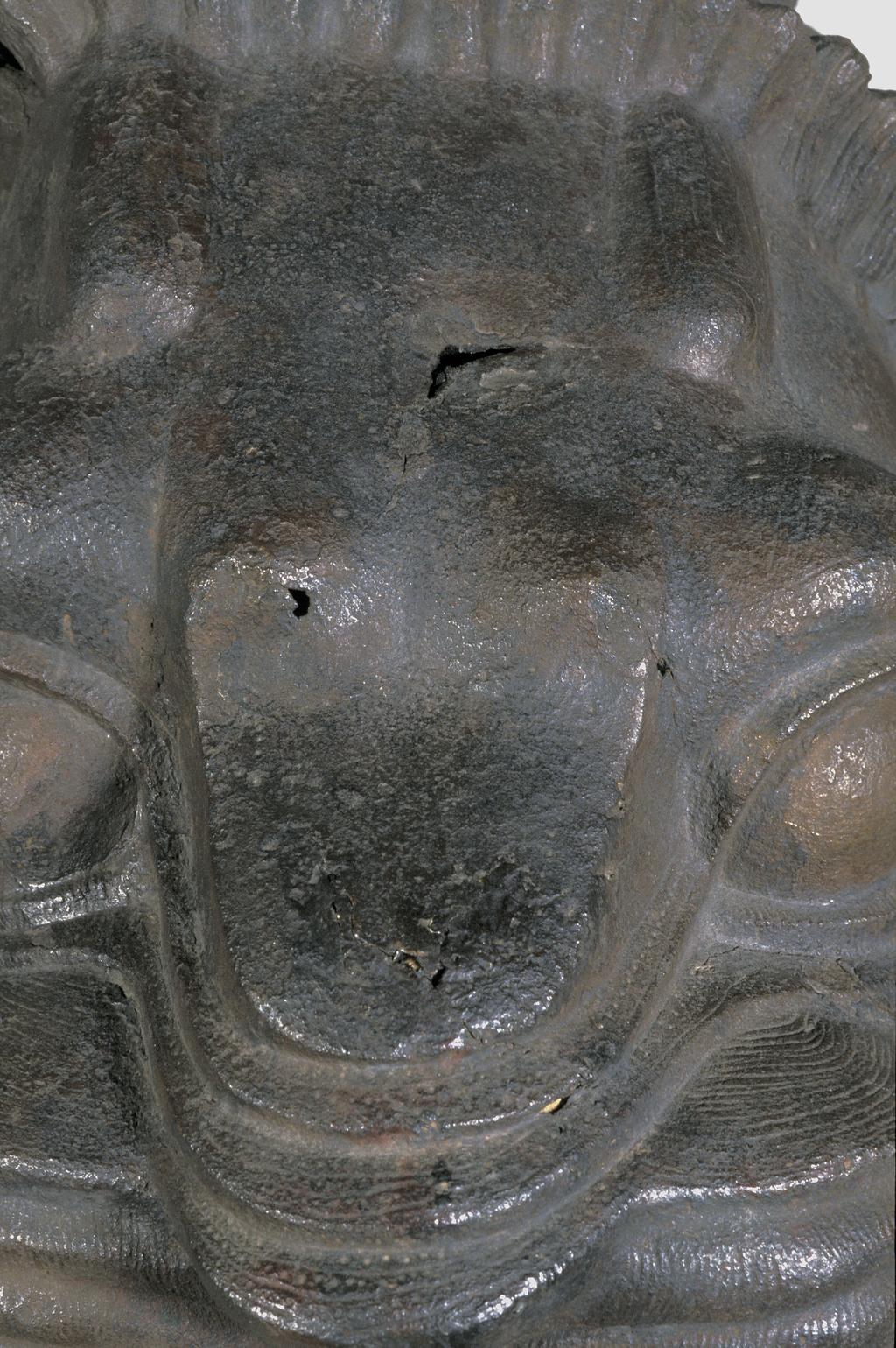 An image of Architectural element/door lintel. Forepart of a hollow cast lion, probably from a door lintel. Find Spot: Shibam? Hadramat, South Arabia. Copper alloy, length 0.556 m, width 0.285 m, circa 800-601 BC.