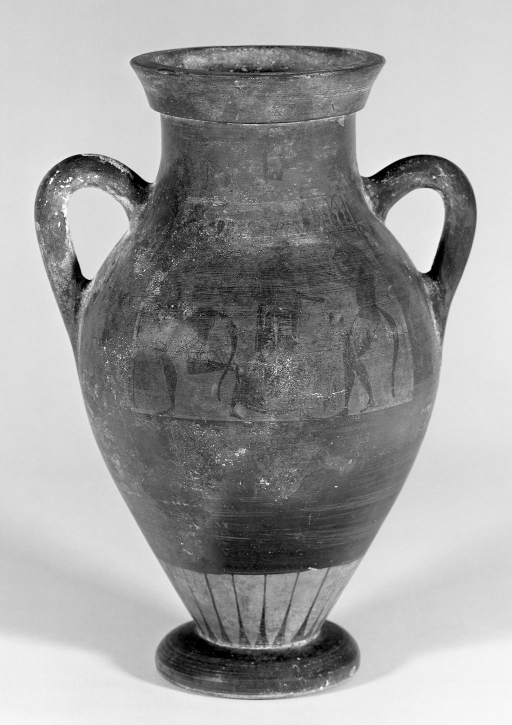 An image of Vessel/Amphora. Chimaera, Dionysos and satyrs. Production: Etruria. Find Spot: Vulci Etruria, Italy. Clay, black-figured, height 0.405 m, 550- 525 B.C. Archaic Period.