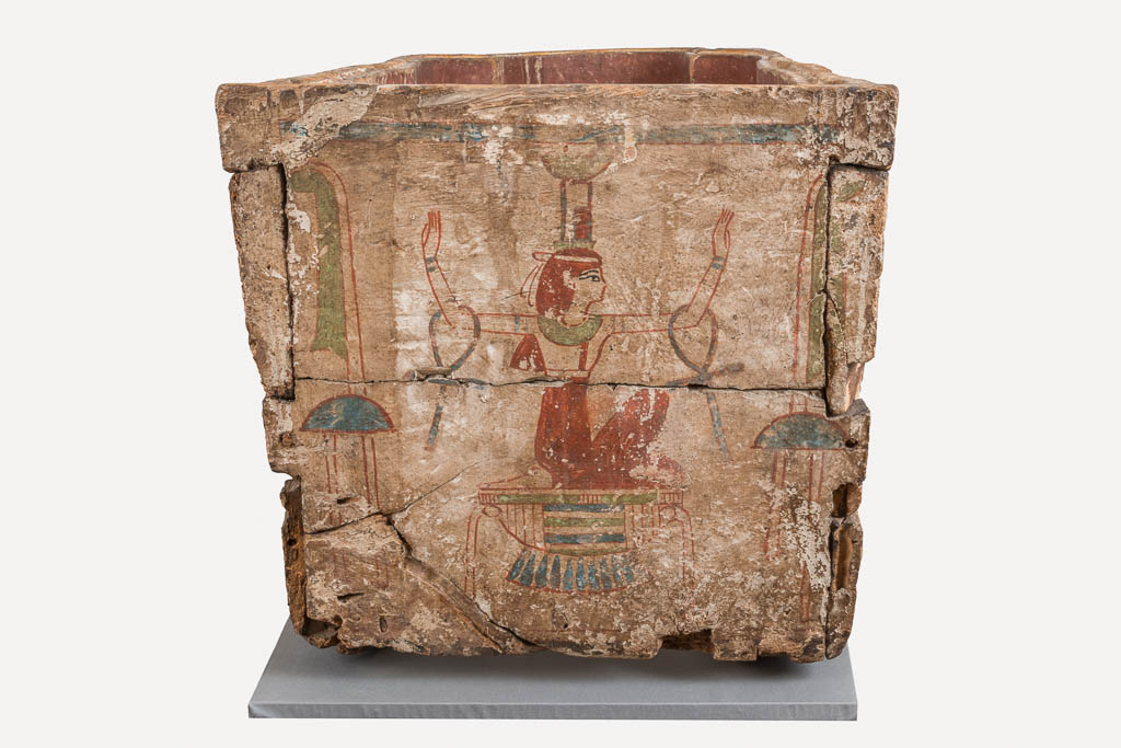 An image of Funerary equipment/ coffin. Coffins (2) and lid, of 'Chief of scribes of the temple of Amun Re, Nespawershefi'. Wood, depth, 49 cm, width 60 cm, length 206 cm, length 190 cm, length, lid, 179 cm. Production Place: Egypt. Find Spot: Thebes. Third Intermediate period, 1000 B.C.