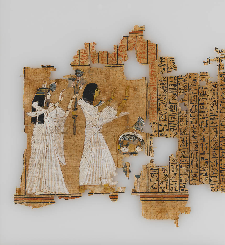 An image of Written document. Cursive hieroglyphs and vignettes. Substantial parts of the Book of the Dead of Ramose, supervisor of the royal archives, with highly detailed vignettes. Production Place: Egypt. Find Spot: Sedment, Egypt. Papyrus, length, 20 m, minimum, height, 41 cm, average. New Kingdom, Nineteenth Dynasty. Reign of Seti I. Related Objects: E.43.1921, E.42.1921.