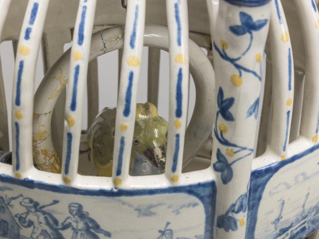 An image of Delftware. Bird Cage. Production Place: Holland, Delft, United Provinces of the Netherlands. Tin-glazed earthenware, circa 1700-1720.