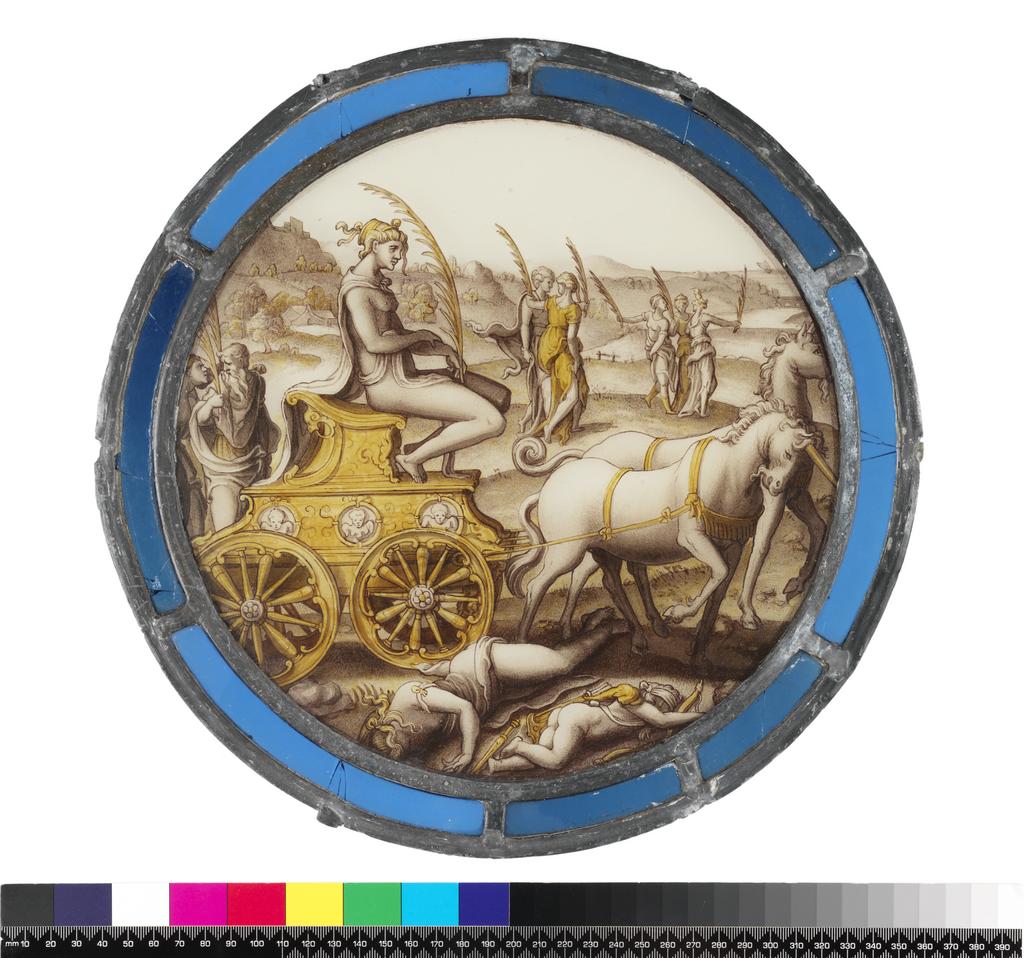 An image of Stained Glass / Roundel. The Triumph of Chastity Over Love. Style of Pieter Coecke van Aelst (c.1502-1550), probably from his workshop or that of a glass painter influenced by him. Production Place: Flanders, Antwerp. Clear glass, silver-stained and painted, yellow and brown with border of blue glass, diameter, whole, 32.0 cm. Circa 1540-1550. Flemish, Renaissance. Notes: Chastity sits in a golden car drawn by two unicorns over the prostrate bodies of Venus and Cupid. She carries a palm, as do the five women in the landscape background and the man and woman following the car.
