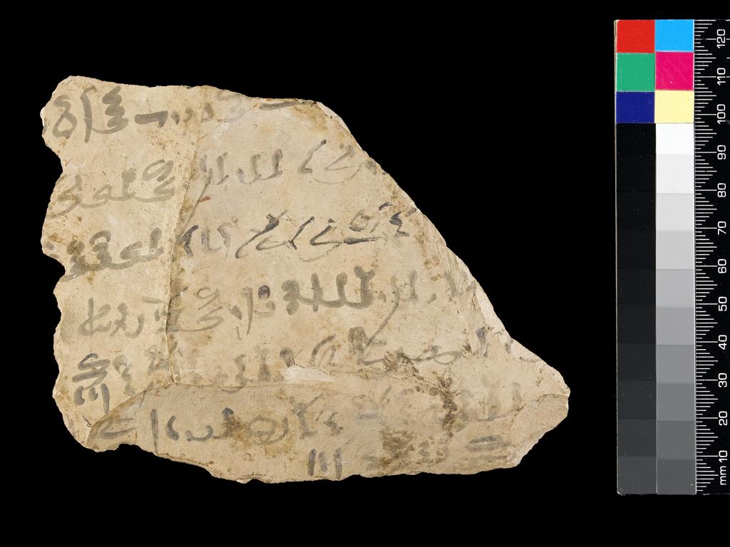 An image of Written Document. Ostracon, hieratic text, both sides, black ink. Production Place/Find Spot: Egypt. Limestone, length 0.1 m, width 0.136 m. New Kingdom.
