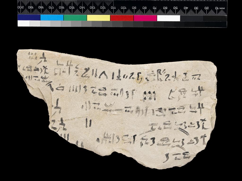 An image of Written Document. Ostracon, hieratic text, both sides, black ink. Production Place/Find Spot: Egypt. Limestone, length 0.102 m, width 0.195 m. New Kingdom.