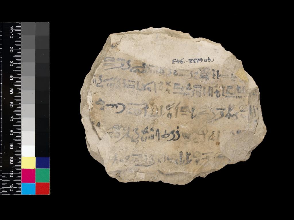 An image of Written Document. Ostracon, hieratic text, both sides, black ink.Production Place/Find Spot: Egypt. Limestone, length 0.117 m, width 0.135 m. New Kingdom.