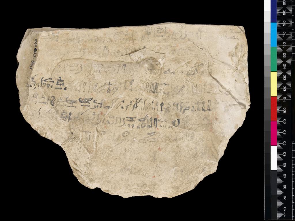 An image of Written Document. Ostracon, hieratic text, one side, black and red ink. Production Place/Find Spot: Egypt. Limestone, length 0.159 m, width 0.209 m. New Kingdom.