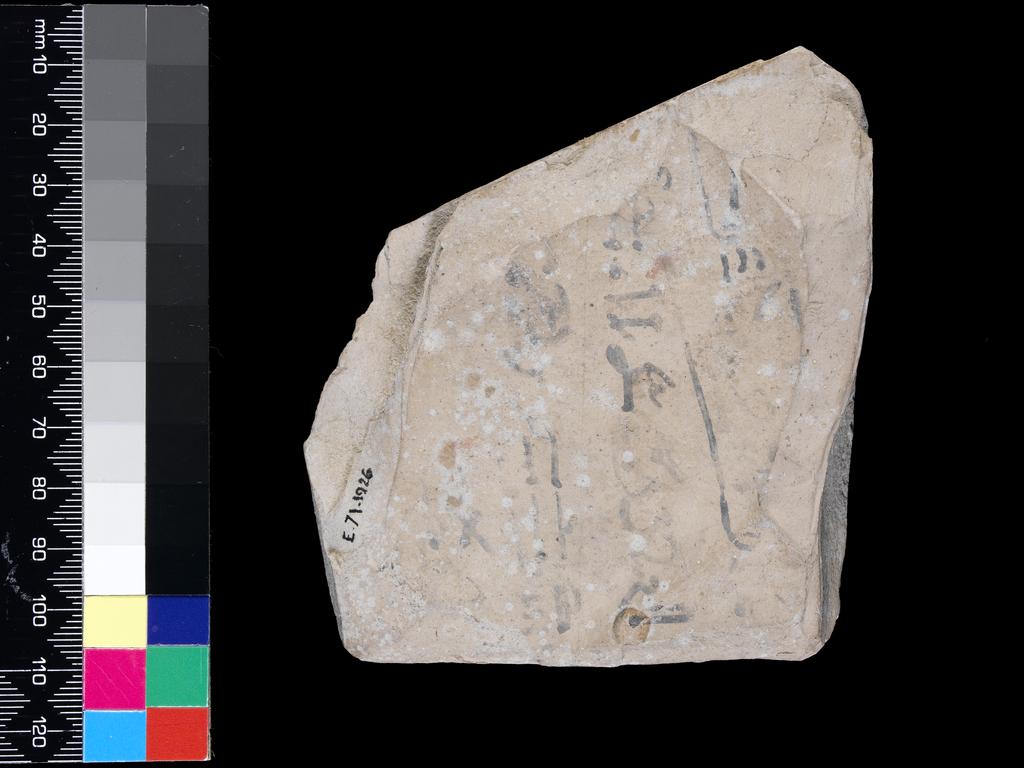 An image of Written Document. Ostracon. Production Place/Find Spot: Egypt. Inscribed in black ink, hieratic, both sides. Limestone. New Kingdom.