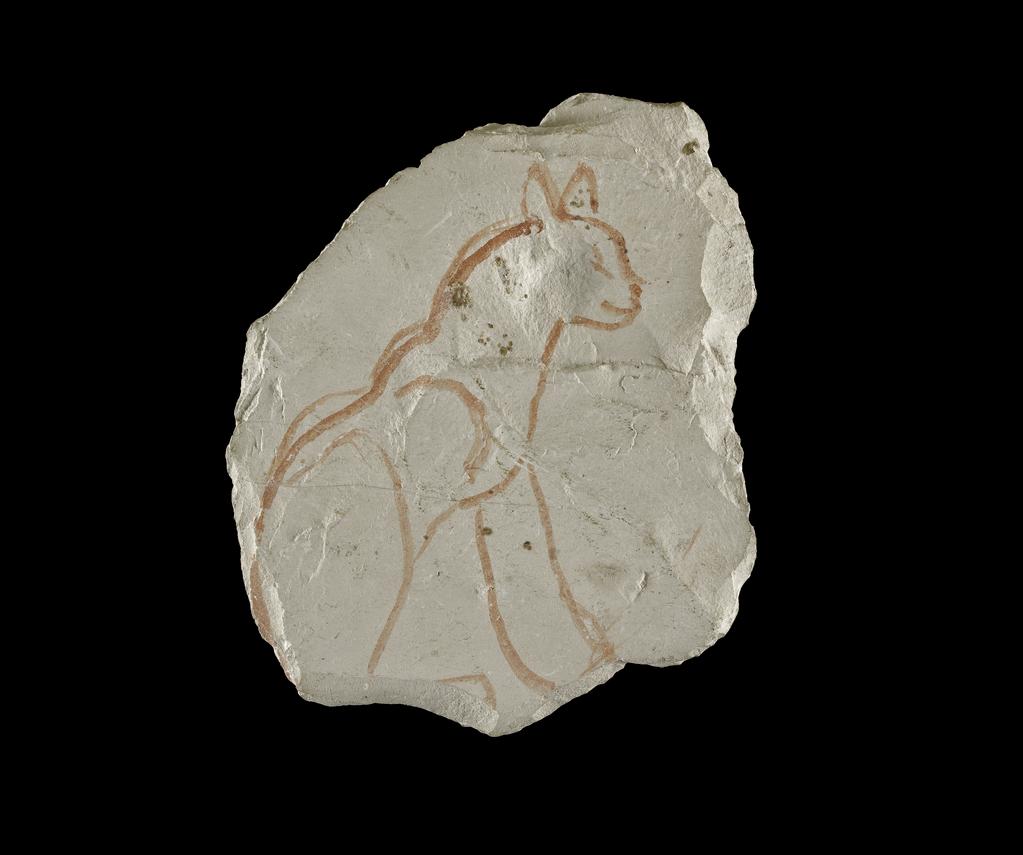An image of Written Document. Ostracon, Figured. Limestone, seated cat painted in red. Egypt, New Kingdom. Length 12.7 cm, width 10 cm, circa 1550-1069 B.C.