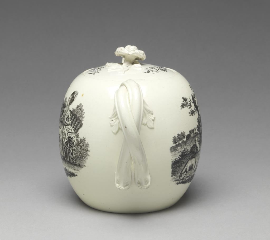 An image of Teaware. Teapot and cover. Wedgwood, Josiah (English, 1730-1795), Staffordshire. Green, Guy, printer (British, act.1756-1799). Globular with leaf-wrapped spout, double entwined handle with rounded foliate terminals and close-fitting circular cover surmounted by a flower finial. Decorated on one side with The Tea Party, on the other with The Shepherd, and on the cover with two floral sprays. Lead-glaze, transfer-printing onglaze. Pale cream-coloured earthenware (Queen's ware) printed onglaze in black. Height, whole, 14.4 cm, length, whole, 21.7 cm, circa 1780. Rococo