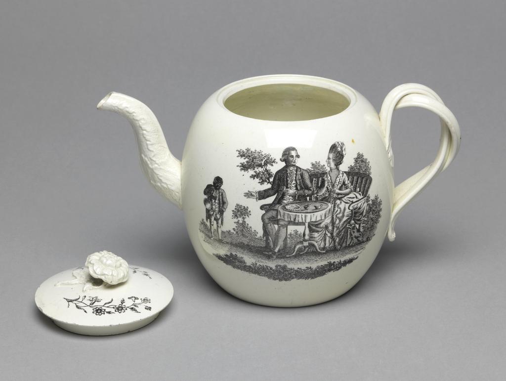 An image of Teaware. Teapot and cover. Wedgwood, Josiah (English, 1730-1795), Staffordshire. Green, Guy, printer (British, act.1756-1799). Globular with leaf-wrapped spout, double entwined handle with rounded foliate terminals and close-fitting circular cover surmounted by a flower finial. Decorated on one side with The Tea Party, on the other with The Shepherd, and on the cover with two floral sprays. Lead-glaze, transfer-printing onglaze. Pale cream-coloured earthenware (Queen's ware) printed onglaze in black. Height, whole, 14.4 cm, length, whole, 21.7 cm, circa 1780. Rococo