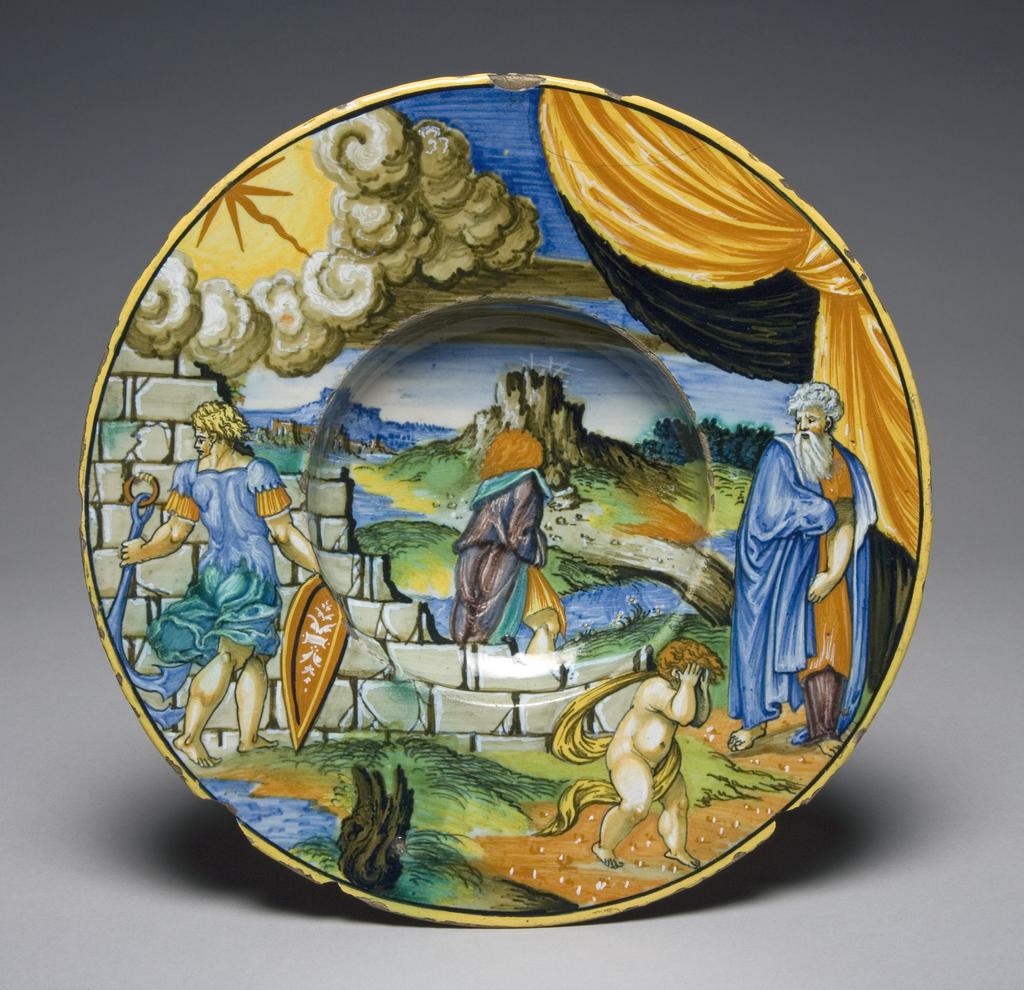 An image of Avelli, Francesco Xanto (painter), Raimondi, Marcantonio (printmaker), Musi, Agostino (Agostino Veneziano) (printmaker).
 Tin-glazed earthenware painted in polychrome, with an unidentified figures in a  landscape

