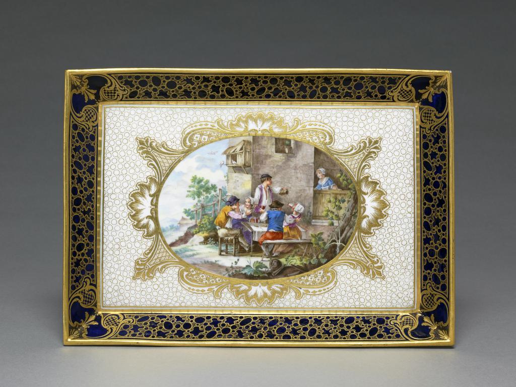 An image of Tray from a Dejeuner comprising a tray, cup and saucer, and sugar basin and cover. Vielliard, André-Vincent (French, 1717-90, act.1752-1790). Soft-paste porcelain. Sevres Factory. Circa 1759. French. Rococo.