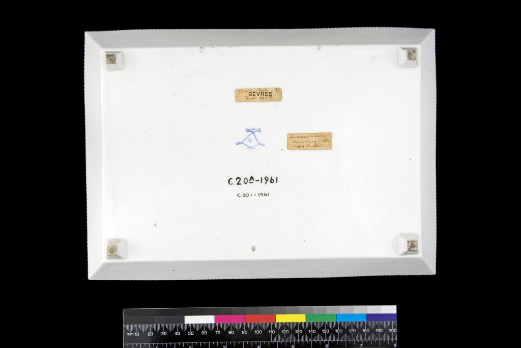 An image of Tray from a Dejeuner comprising a tray, cup and saucer, and sugar basin and cover. Vielliard, André-Vincent (French, 1717-90, act.1752-1790). Soft-paste porcelain. Sevres Factory. Circa 1759. French. Rococo.