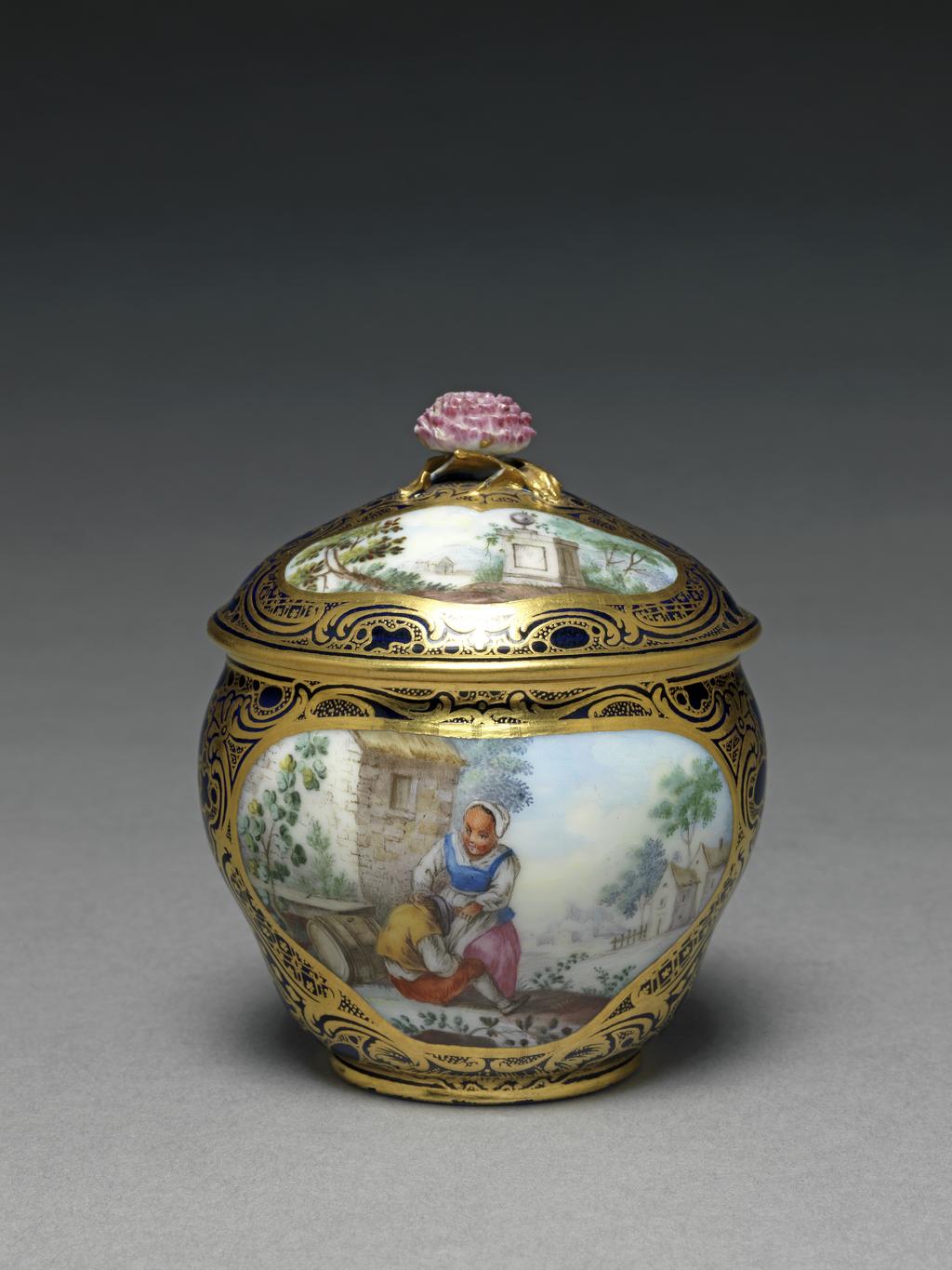 An image of Sugar basin and cover/Pot à sucre Hébert from a dejeuner. Sèvres Porcelain Manufactory. Vielliard, André-Vincent (French, 1717-90, act.1752-1790). Soft-paste porcelain decorated with an underglaze bleu lapis ground, painting overglaze in blue, several shades of green yellow, pink, red, pale purple, pale and dark brown enamels, and gilding. The basin bears the date letter for 1759 but the object may have been made in 1760. French. Rococo.