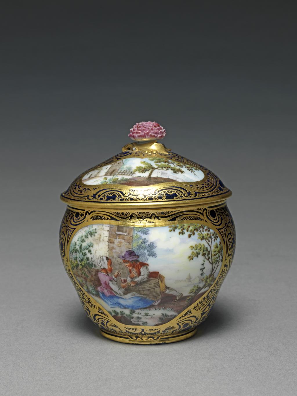 An image of Sugar basin and cover/Pot à sucre Hébert from a dejeuner. Sèvres Porcelain Manufactory. Vielliard, André-Vincent (French, 1717-90, act.1752-1790). Soft-paste porcelain decorated with an underglaze bleu lapis ground, painting overglaze in blue, several shades of green yellow, pink, red, pale purple, pale and dark brown enamels, and gilding. The basin bears the date letter for 1759 but the object may have been made in 1760. French. Rococo.