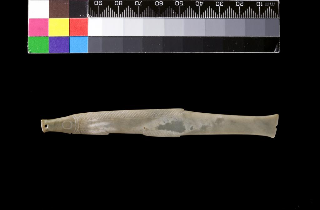 An image of Ornament. Greyish green jade with altered areas, carved in the shape of an elongated fish with bifurcated tail. The eyes, gills and dorsal fin are represented by grooves. A perforation is drilled near the mouth. Nephrite, length 11.5 cm, width 1.4 cm, 1050-771 B.C.
