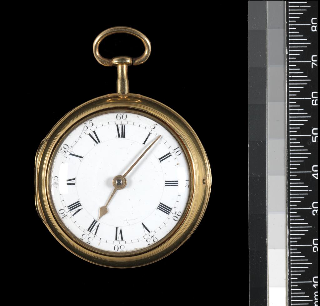 An image of Watches. Cylinder watch, in a silver pair case. Holmes, John, watchmaker, London. Penny, John, case maker, possibly, London. Full plate movement engraved 'J. Holmes Strand London no. 6526', cap engraved 'Jno Holmes Strand London no. 6526'. Balance cock, table pierced and engraved, rudimentary wings at neck, mask engraved on neck. blued steel end piece with diamond end stone, engraved foot. Brass balance. Slide plate engraved, silver regulation dial with radial Arabic figures 5 to 30. Pierced fusee iron post, steel case bolt with solid ears in slide in plate, nib in slot in brass edge. Worm and wheel set-up under barrel. Pillar plate with four turned pillars, with rib and tapered ends. Centre wheel recessed, third wheel under dial, third wheel bar. Third and fourth wheels crossed out in 6. Under dial scratched '5'. Fusee and chain, one lip on barrel, tangent set-up under barrel. High numbered train. Cylinder escapement, brass wheel. Train planted clockwise. Gilt brass edge, four feet. Gilt brass cap. Oval table engraved as above, regulator sector, winding pipe, barrel pod and polished steel clip. White enamel dial on copper, three feet. Radial Arabic 5 min. figures, ladder min. ring, radial short Roman chapters, inner ring. Gold, flat, spade hour and straight minute hand. Inner case: Gold, plain with body engraved with crest (heron, with anchor under one raised foot). Inside of body with London hallmark 1781 and maker's mark, incuse 'IP' scratch mark '1361' and '962' (raised edge of body, next to nib cut-out, cut away). Plain pendant and bow. Outer case: (A): Gold, plain, back engraved with crest, as inner, with 'W. Pitt' engraved below, and '1782' below that, inside stamped '327'. (Catch spring and push piece missing.). Height, inner case, 55.5 mm, diameter, inner case, 42 mm, thickness, inner case, 22.25 mm, height, outer case, 58 mm, diameter, outer case, 48 mm, thickness, outer case, 22.25 mm, diameter, movement (top plate), 34.5 mm, diameter, movement (pillar pl