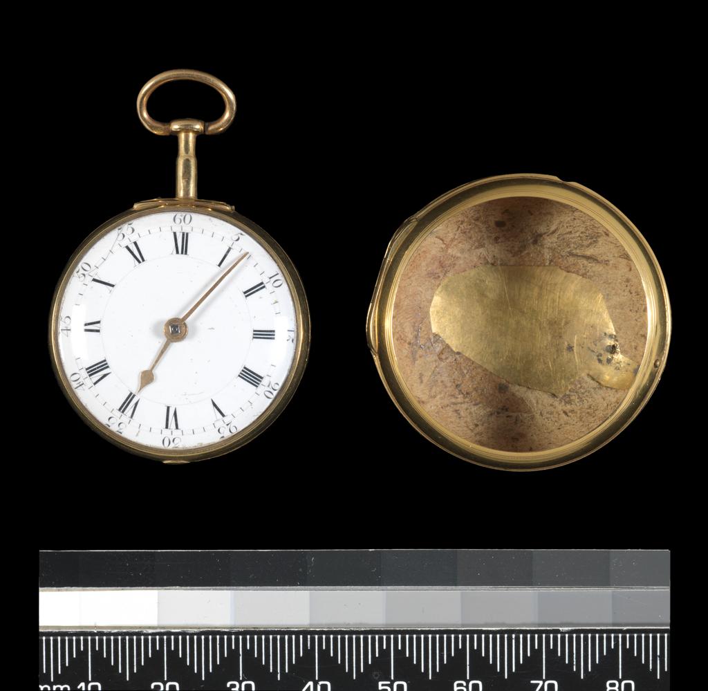 An image of Watches. Cylinder watch, in a silver pair case. Holmes, John, watchmaker, London. Penny, John, case maker, possibly, London. Full plate movement engraved 'J. Holmes Strand London no. 6526', cap engraved 'Jno Holmes Strand London no. 6526'. Balance cock, table pierced and engraved, rudimentary wings at neck, mask engraved on neck. blued steel end piece with diamond end stone, engraved foot. Brass balance. Slide plate engraved, silver regulation dial with radial Arabic figures 5 to 30. Pierced fusee iron post, steel case bolt with solid ears in slide in plate, nib in slot in brass edge. Worm and wheel set-up under barrel. Pillar plate with four turned pillars, with rib and tapered ends. Centre wheel recessed, third wheel under dial, third wheel bar. Third and fourth wheels crossed out in 6. Under dial scratched '5'. Fusee and chain, one lip on barrel, tangent set-up under barrel. High numbered train. Cylinder escapement, brass wheel. Train planted clockwise. Gilt brass edge, four feet. Gilt brass cap. Oval table engraved as above, regulator sector, winding pipe, barrel pod and polished steel clip. White enamel dial on copper, three feet. Radial Arabic 5 min. figures, ladder min. ring, radial short Roman chapters, inner ring. Gold, flat, spade hour and straight minute hand. Inner case: Gold, plain with body engraved with crest (heron, with anchor under one raised foot). Inside of body with London hallmark 1781 and maker's mark, incuse 'IP' scratch mark '1361' and '962' (raised edge of body, next to nib cut-out, cut away). Plain pendant and bow. Outer case: (A): Gold, plain, back engraved with crest, as inner, with 'W. Pitt' engraved below, and '1782' below that, inside stamped '327'. (Catch spring and push piece missing.). Height, inner case, 55.5 mm, diameter, inner case, 42 mm, thickness, inner case, 22.25 mm, height, outer case, 58 mm, diameter, outer case, 48 mm, thickness, outer case, 22.25 mm, diameter, movement (top plate), 34.5 mm, diameter, movement (pillar pl