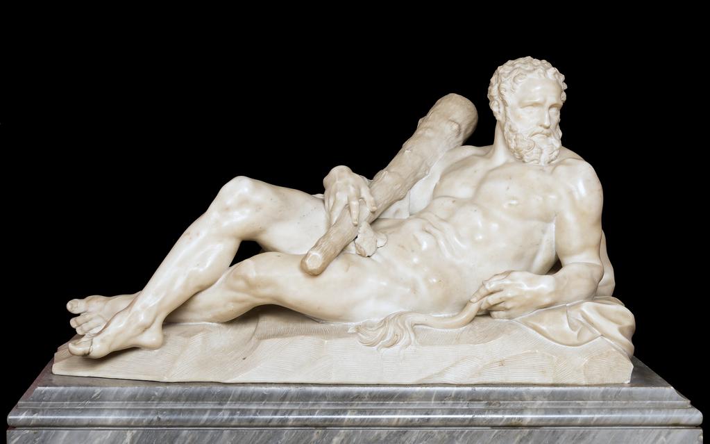 An image of Sculpture/Figure. Hercules Reposing. Rysbrack, John Michael, attributed to, (English, 1694-1770. Nude reclining figure. His head is turned onto his left shoulder. He has curly hair and beard. His left hand holds the tail of the lion skin on which he lies, with the lion's mask over his right forearm. A club is in his right hand resting against his right shoulder. White marble, carved in the round, height, figure, 15.0 in, length, figure, 27 1/4 in, height, base, 3 1/8 in, length, base, 31.0 in, circa 1700- circa 1770.