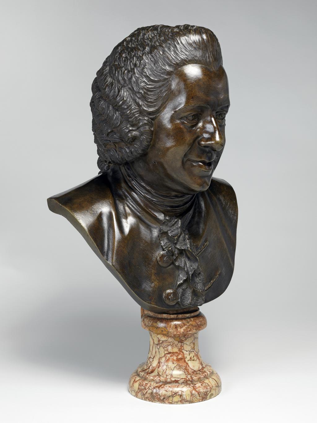 An image of Sculpture/Bust. Portrait bust of Pierre-Louis-Marie Maloët. Pigalle, Jean-Baptiste (French, 1714-1785). Bronze, cast and chased, original marble socle, height, whole, 62.0 cm, height, bust, 45.7 cm, width, bust, 34.0 cm, circa 1775-1785. Louis XVI.