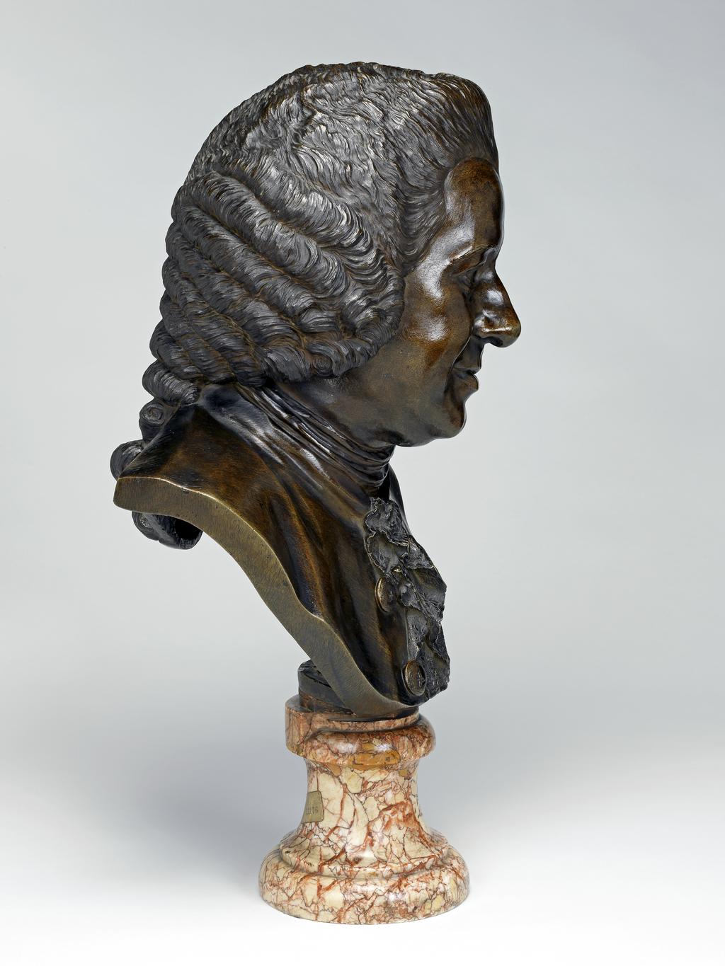 An image of Sculpture/Bust. Portrait bust of Pierre-Louis-Marie Maloët. Pigalle, Jean-Baptiste (French, 1714-1785). Bronze, cast and chased, original marble socle, height, whole, 62.0 cm, height, bust, 45.7 cm, width, bust, 34.0 cm, circa 1775-1785. Louis XVI.