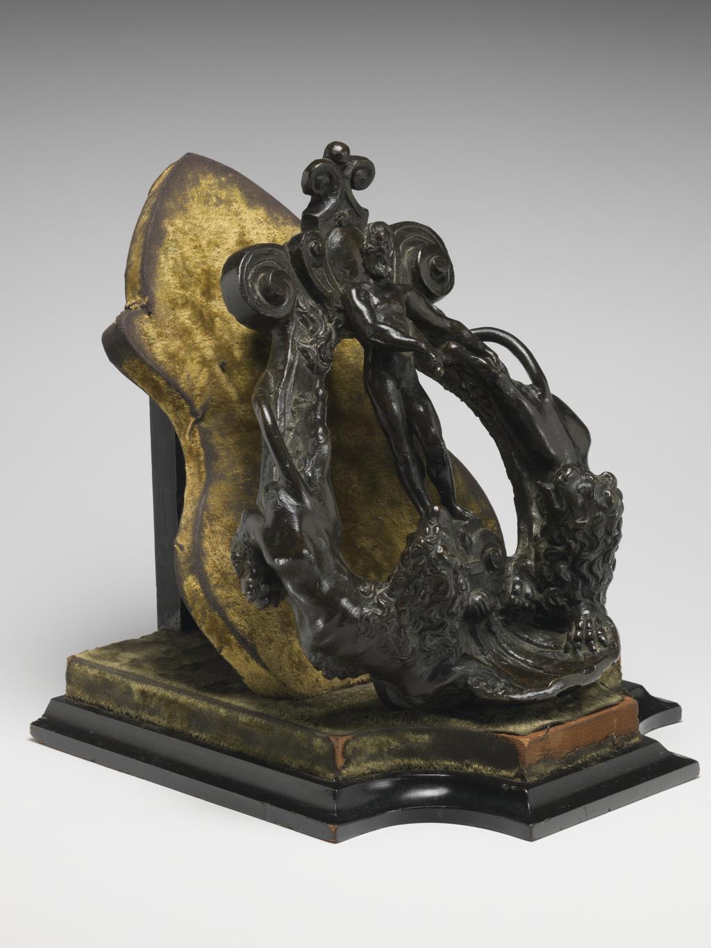 An image of Metalwork. Door Knocker with Hercules and Lions. Unknown, sculptor, Venice. Bronze, cast, height, whole, 31.5 cm, circa 1560-1630. Renaissance.