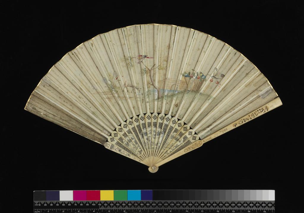 An image of Folding fan, with on the front, a representation of David and Abigail; on the reverse, a lamb, a bird, a butterfly and a basket of fruit.  Unknown, maker, China. Single vellum leaf painted in bodycolour and gilt. The sticks are of ivory pierced in a fishscale motif and then etched; the guards are of carved and etched ivory. Length, guards, 24.5 cm. Circa 1720 to circa 1730. Notes: The sticks and guards are Chinese and would have been exported to Europe to be mounted and decorated. The leaf and decoration are from Northwest Europe. Messel-Rosse Collection.