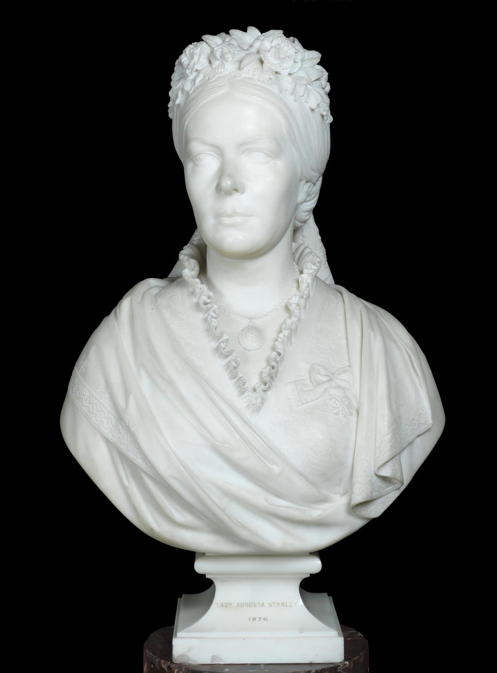 An image of Sculpture/Bust. Lady Augusta Stanley (1822-1876). Theed, William II (British, 1804-1891). White marble, carved, height, whole, 76.2 cm, dated 1877.