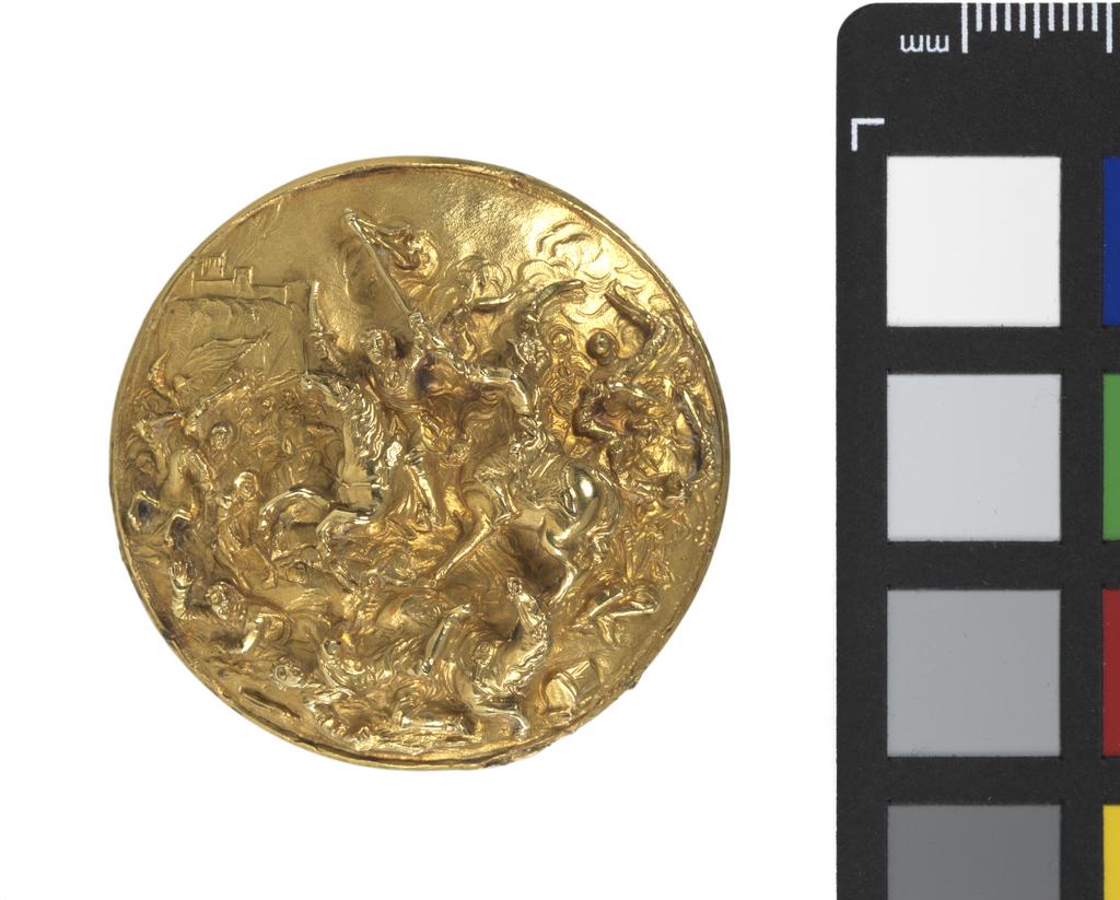 An image of Plaque/jewellery. Plaque from a hat badge. Unknown maker, Italy. Gold, embossed and chased with a battle scene, diameter 4.3 cm, circa 1500-1600. Renaissance. Production Note: Accessioned as the top of a box, but probably a plaque from a hat badge. Probably Italian but possibly Northern European.