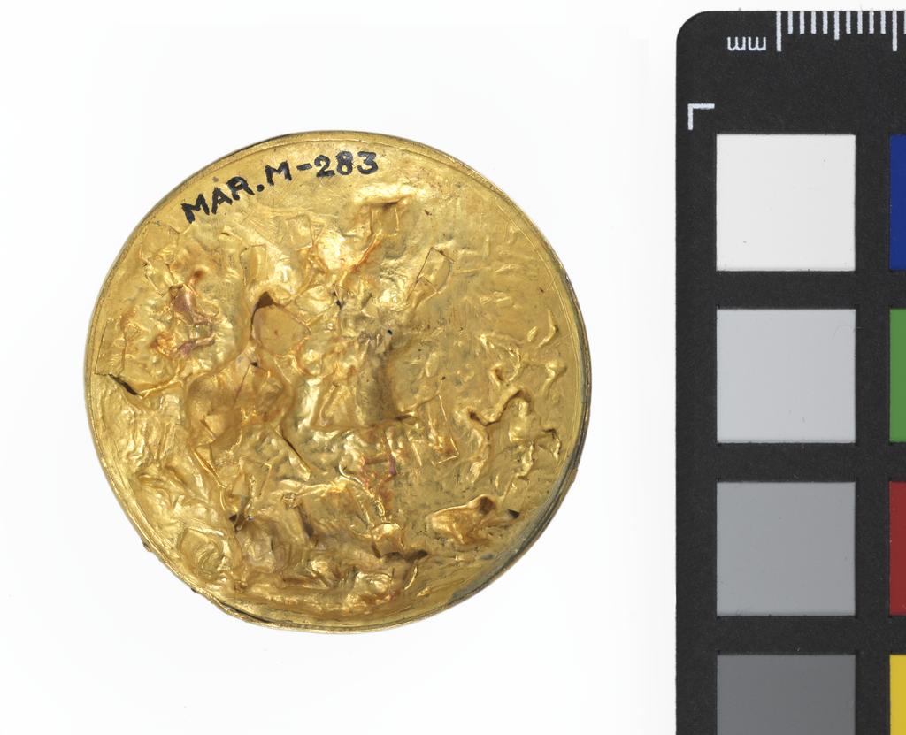 An image of Plaque/jewellery. Plaque from a hat badge. Unknown maker, Italy. Gold, embossed and chased with a battle scene, diameter 4.3 cm, circa 1500-1600. Renaissance. Production Note: Accessioned as the top of a box, but probably a plaque from a hat badge. Probably Italian but possibly Northern European.