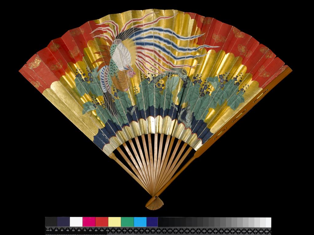 An image of Wide-Ended Folding Fan. Decorated on both sides of the leaf with ho-ho bird and paulownia tree. Leaf of paper, painted in ink, polychrome opaque water-colours and gold. Guards and sticks of bamboo, pierced, and lacquered, height 34.4cm, width 13.9cm, circa 1840-1850. Japanese. 