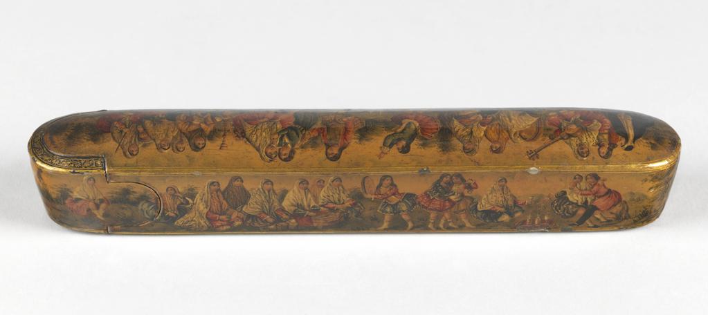 An image of Pen case/box. Unknown maker, Iran. Pen case, of lacquered and gilt wood, decorated on the top and sides with a young couple, attendant ladies and entertainers out-of-doors. Circa 1800-circa 1975. Qajar Period. Collection: Henry Scipio Reitlinger.