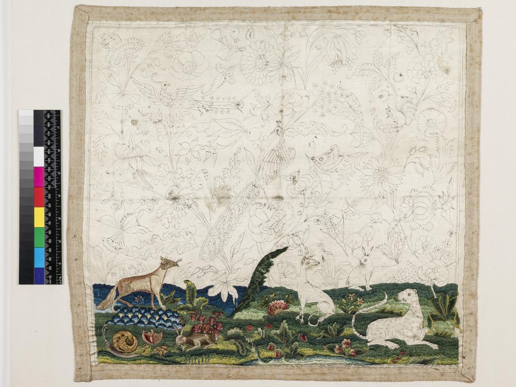 An image of Textiles. Unfinished flat work embroidery of an animal-filled landscape, worked in coloured silks over under-drawing on a silk satin ground fabric. No Adlib.