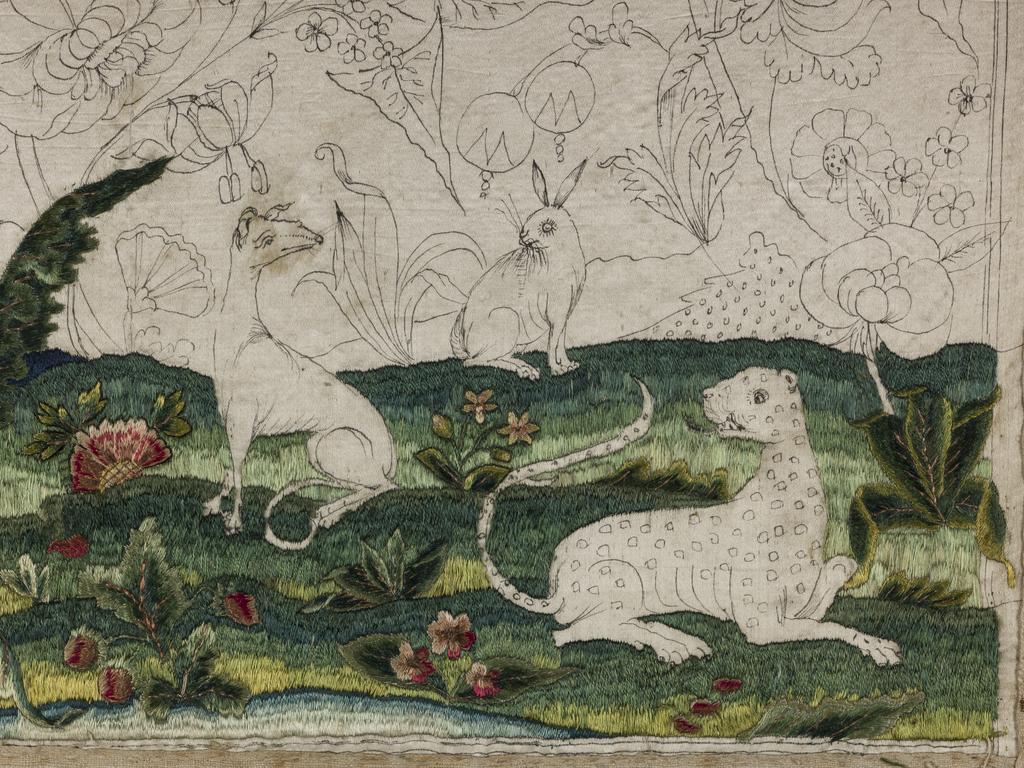 An image of Textiles. Unfinished flat work embroidery of an animal-filled landscape, worked in coloured silks over under-drawing on a silk satin ground fabric. No Adlib.