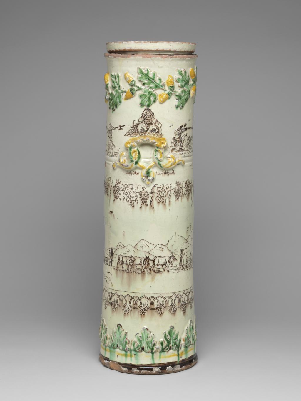 An image of Churn. Herrmann, Peter, potter, Canton of Berne, Langnau. Labhardt, Johann Martin, decorator, Canton of Berne, Langnau. Lead-glazed earthenware, Swiss slipware, circa 1849-1853. Swiss.