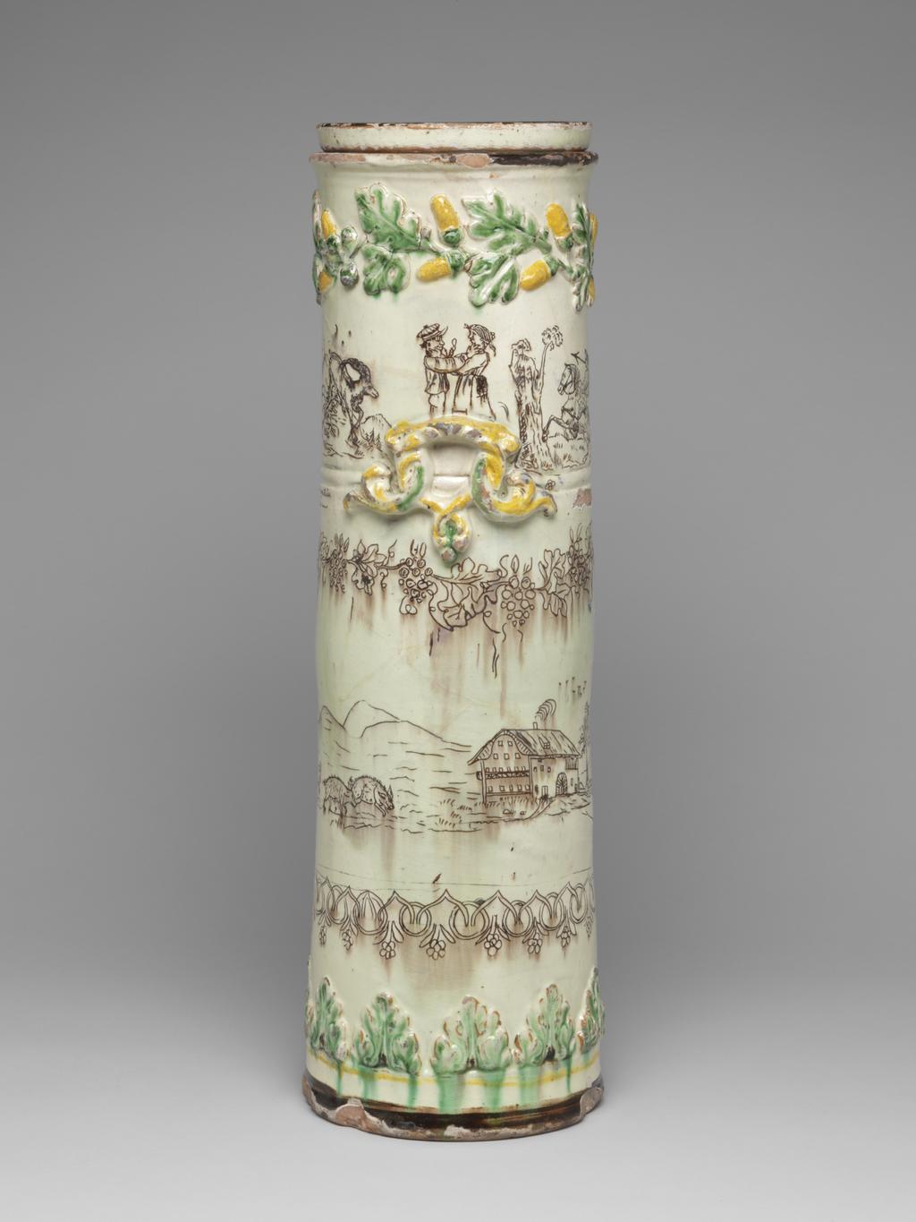An image of Churn. Herrmann, Peter, potter, Canton of Berne, Langnau. Labhardt, Johann Martin, decorator, Canton of Berne, Langnau. Lead-glazed earthenware, Swiss slipware, circa 1849-1853. Swiss.