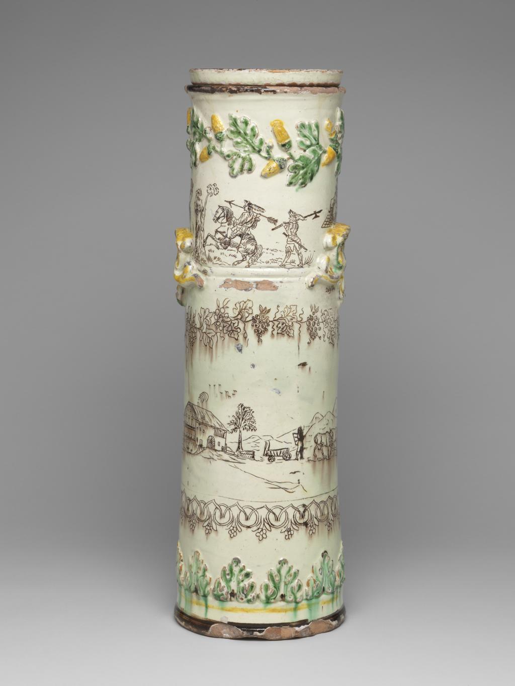 An image of Churn. Herrmann, Peter, potter, Canton of Berne, Langnau. Labhardt, Johann Martin, decorator, Canton of Berne, Langnau. Lead-glazed earthenware, Swiss slipware, circa 1849-1853. Swiss.