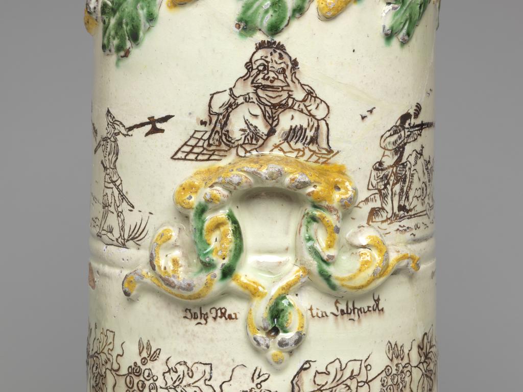 An image of Churn. Herrmann, Peter, potter, Canton of Berne, Langnau. Labhardt, Johann Martin, decorator, Canton of Berne, Langnau. Lead-glazed earthenware, Swiss slipware, circa 1849-1853. Swiss.