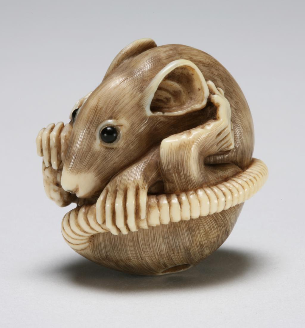 An image of Netsuke. A rat coiled up into a ball. The eyes are inlaid with glass. Ivory, circa 1980.